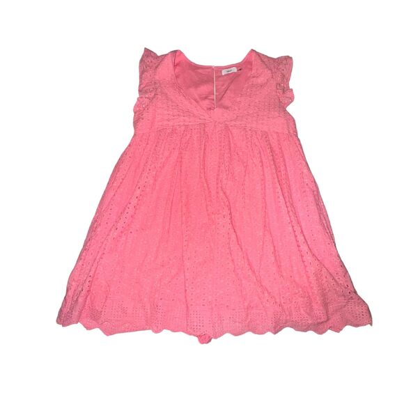 Talulah Eyelet Romper Women's L Pink V Neck Babydoll Keyhole Back Scallop Hem - Picture 1 of 9